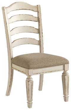 Bon appÃ©tit. With its rounded ladderback styling, chipped white finish and plushly cushioned seat, the Realyn dining room chair has all the right ingredients for a French country-inspired feast for the eyes.<br><br><b>Additional Dimensions</b><br><ul><li