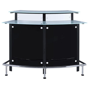  and glossy black and white acrylic panels. Dual-tiered frosted glass tops offer ample space for mixing and serving