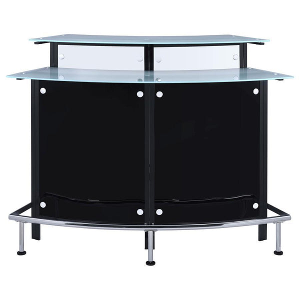  and glossy black and white acrylic panels. Dual-tiered frosted glass tops offer ample space for mixing and serving
