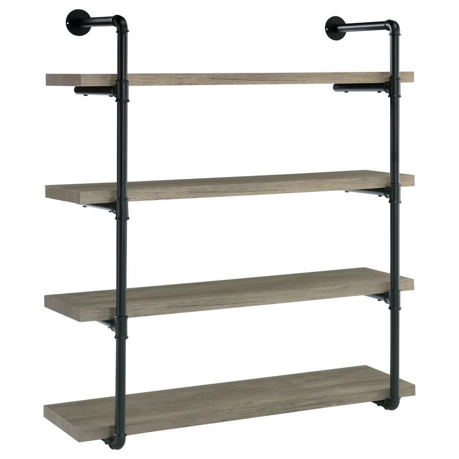 Industrial design can be elegant, as shown by this wall shelf. Plumbing pipe frame highlights the rugged utility that-'s the hallmark of the style. Wall hanging adds a unique element to the piece. Incorporates four (4) open shelves for ease of storage or 