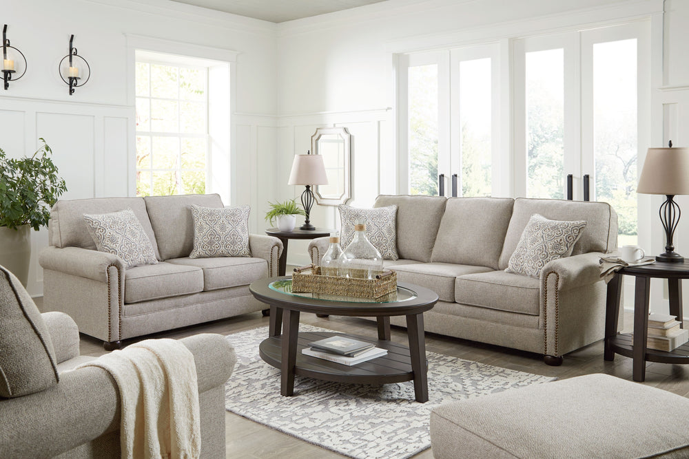 Inspired by the past but rooted firmly in the present, this living room set complements your transitional seating area. Its versatile upholstery is delightfully detailed for a subtle herringbone effect. Designer touches like decorative nailhead trim and b