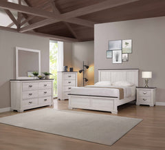 This bedroom set embodies a breezy, transitional style that harmonizes with any decor. The gracefully designed bed, with its panel headboard and soothing finish, invites a sense of calm and simplicity. Complementing the bed are the dresser and mirror, tal