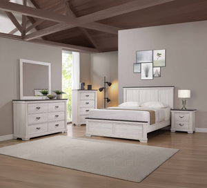 This bedroom set embodies a breezy, transitional style that harmonizes with any decor. The gracefully designed bed, with its panel headboard and soothing finish, invites a sense of calm and simplicity. Complementing the bed are the dresser and mirror, tal