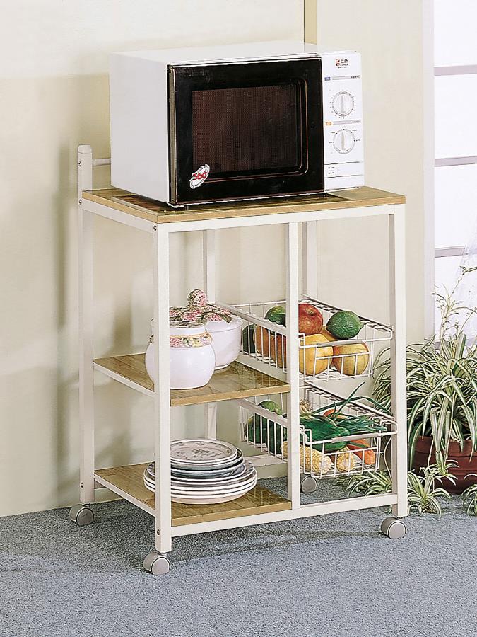 This is the Swiss army knife of kitchen carts. A spacious top shelf fits a good-sized microwave or toaster over. Duplex-type storage space has two shelves one side for dinnerware or cereal. The other side features two wire baskets for healthy snacks like 