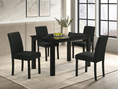 This dining group radiates modern elegance with a sleek, minimalist design that-'s both stylish and practical. The centerpiece is a contemporary table featuring a sophisticated faux-marble top that elevates the aesthetic while providing a durable and easy