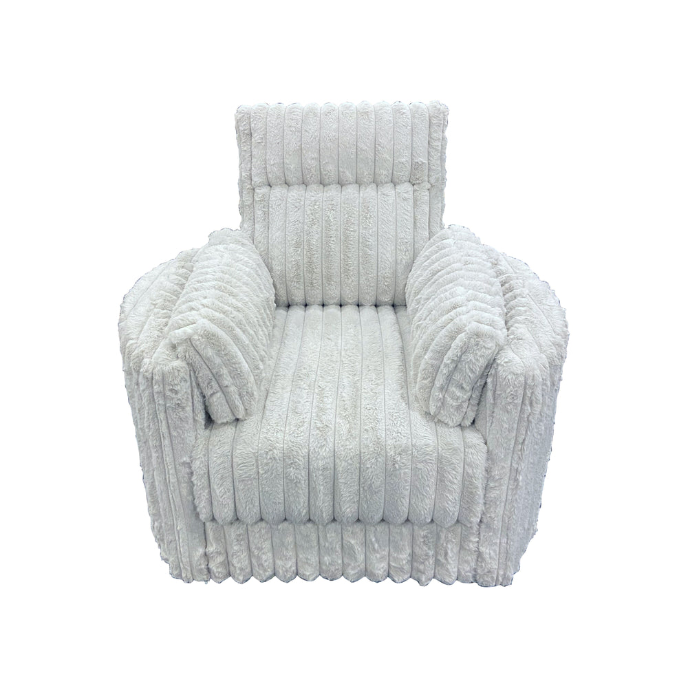 Meet the Embrace Swivel Chair in Cozy Fabric. Crafted with 100% Gray Polyester Fabric, its plush, blanket-like texture promises unparalleled comfort. The chair-'s rounded frame, complemented by two arm pillows, ensures a snug embrace, perfect for unwindin