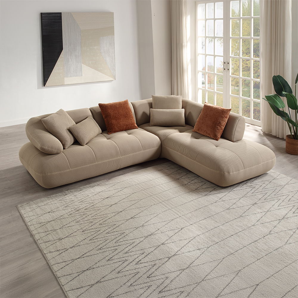Discover unparalleled modern comfort with the Carrick sectional sofa. Draped in beige sandwich mesh fabric with a distinctive 3D texture, this sofa redefines luxury. The plush design and accompanying accent pillows enhance its inviting appeal, making it p