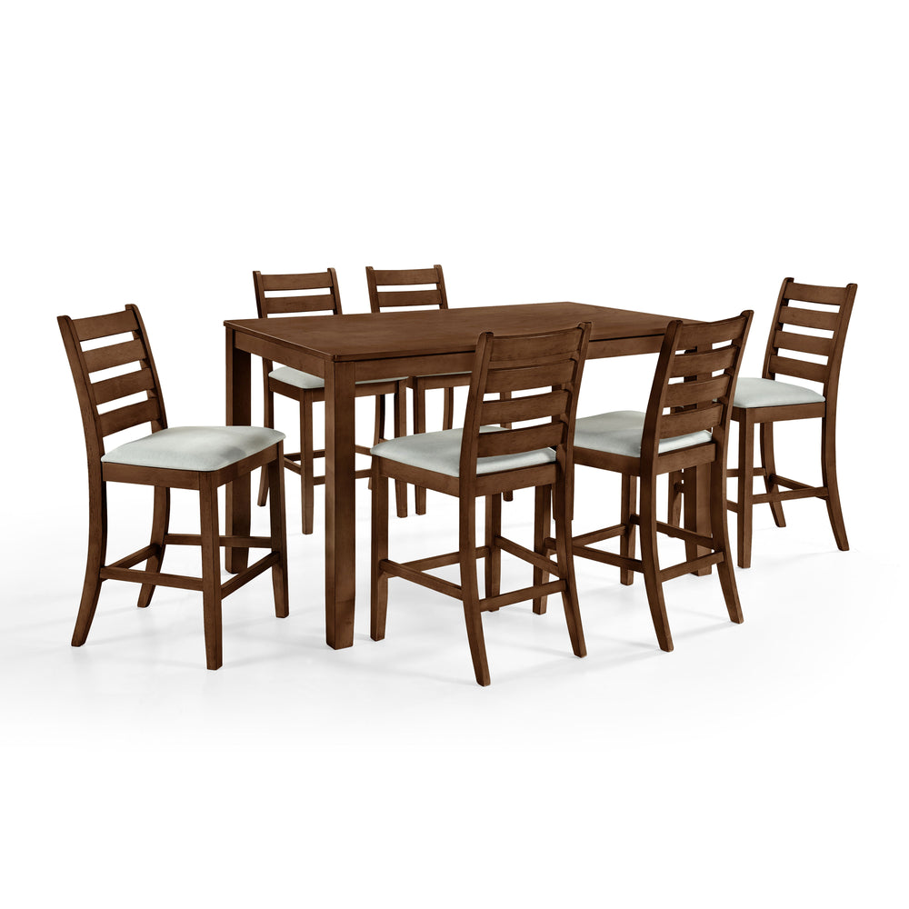 Discover the Pascal 7 Piece Counter Height Dining Room Set in warm Walnut Brown, featuring a wood counter dining table and six counter chairs. This set is crafted from a durable combination of solid Rubberwood and manufactured woods, ensuring long-lasting