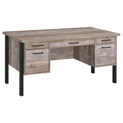 Infuse your office space with stylish simplicity. With a rustic, aged oak finish, this office desk exudes classic charm. Its strong silhouette is brought to life by crisp, clean lines of bold, black metal. Complete with five spacious storage and file draw
