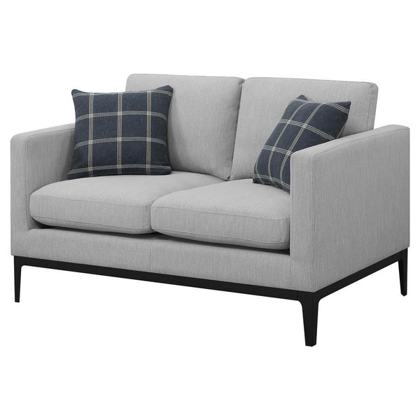  muted shade of light grey blends effortlessly with a variety of color palettes. Two dark accent pillows with a 