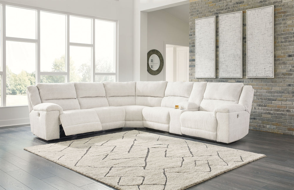 This power reclining sectional complements your contemporary cozy space. Bold block arms accentuated with form-fitting padding lend a high-style silhouette. An ample seating area invites you to sprawl during binge watches and relaxed reading hours alike. 