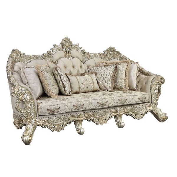 Bring a touch of divine royalty into your living space with the Danae sofa. Beautifully designed with over-the-top crown and floral moldings to reflect the inner royal in you. Classic features such as a tufted backrest help enhance the piece. The sturdy w
