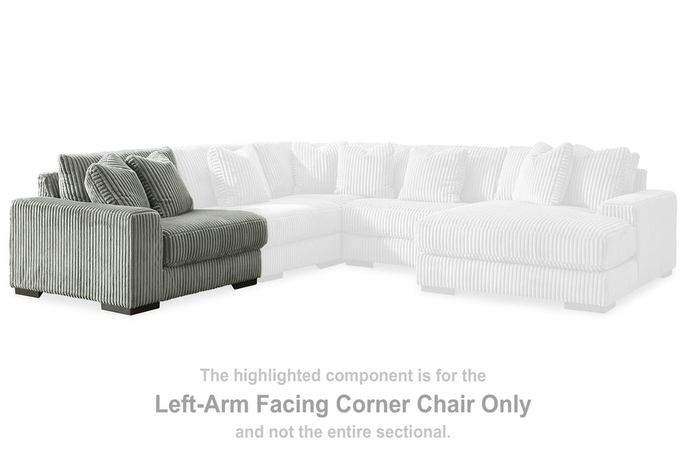 This left-arm facing corner chair is made with polyester upholstery. Pairs with other items in the series to make a sectional.<br><br><b>Additional Dimensions</b><br><ul><li>Arm height: 24-"</li><li>Seat depth: 28-"</li><li>Seat height: 21-"</li><li>Top o