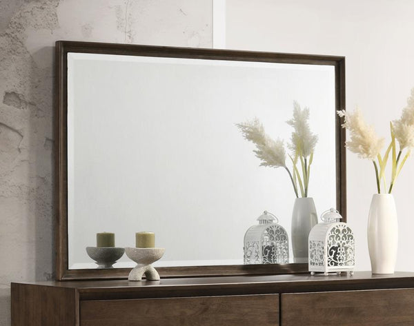  it mounts directly and features a warm brown wood finish. The mirror boasts beveled glass for added depth