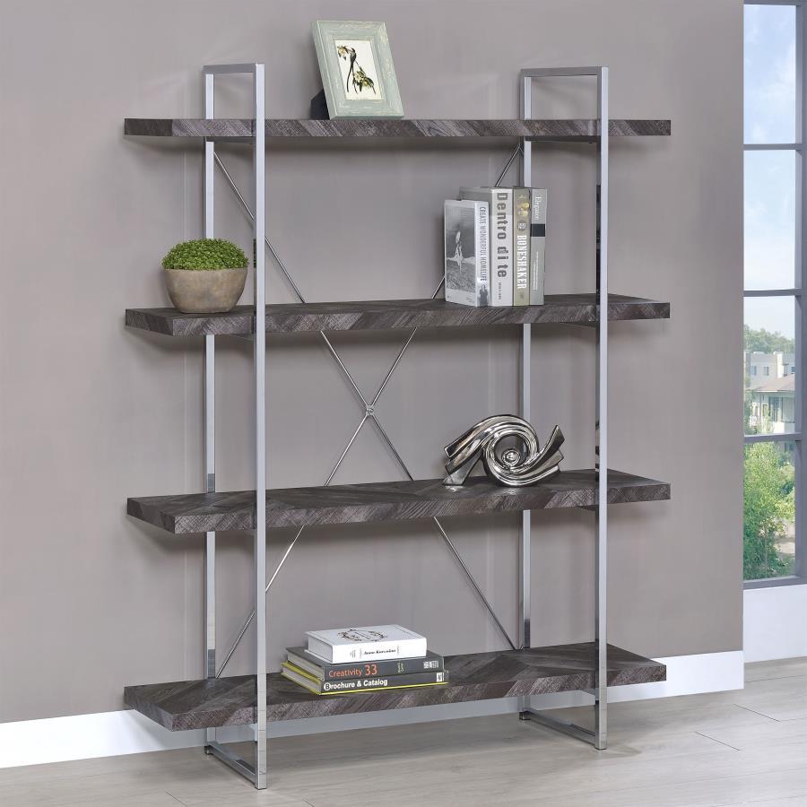 Enhance your storage and display space with this contemporary bookshelf, featuring a rustic grey herringbone finish for a modern organic touch. The sleek chrome metal frame provides durability and style, complemented by an X-shaped back support for stabil