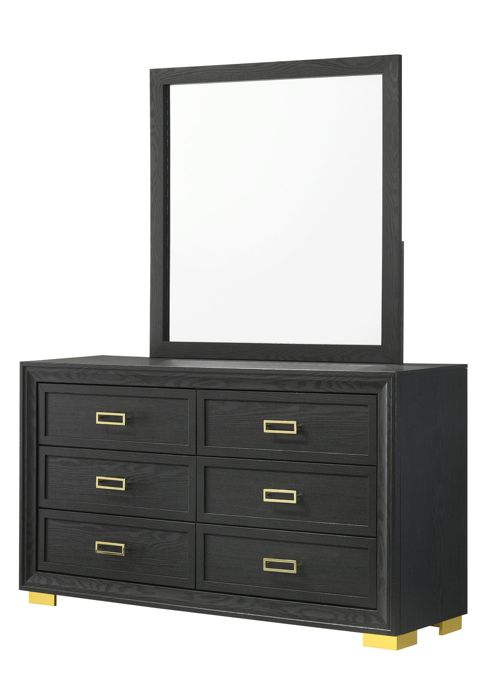 This bedroom collection offers a sophisticated palette of black and gold, presenting a refined look that-'s both modern and timeless. The bed anchors the set with its plush, button-tufted headboard framed by a bold, gold accent trim, creating a luxurious 