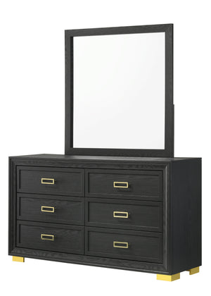 This bedroom collection offers a sophisticated palette of black and gold, presenting a refined look that-'s both modern and timeless. The bed anchors the set with its plush, button-tufted headboard framed by a bold, gold accent trim, creating a luxurious 
