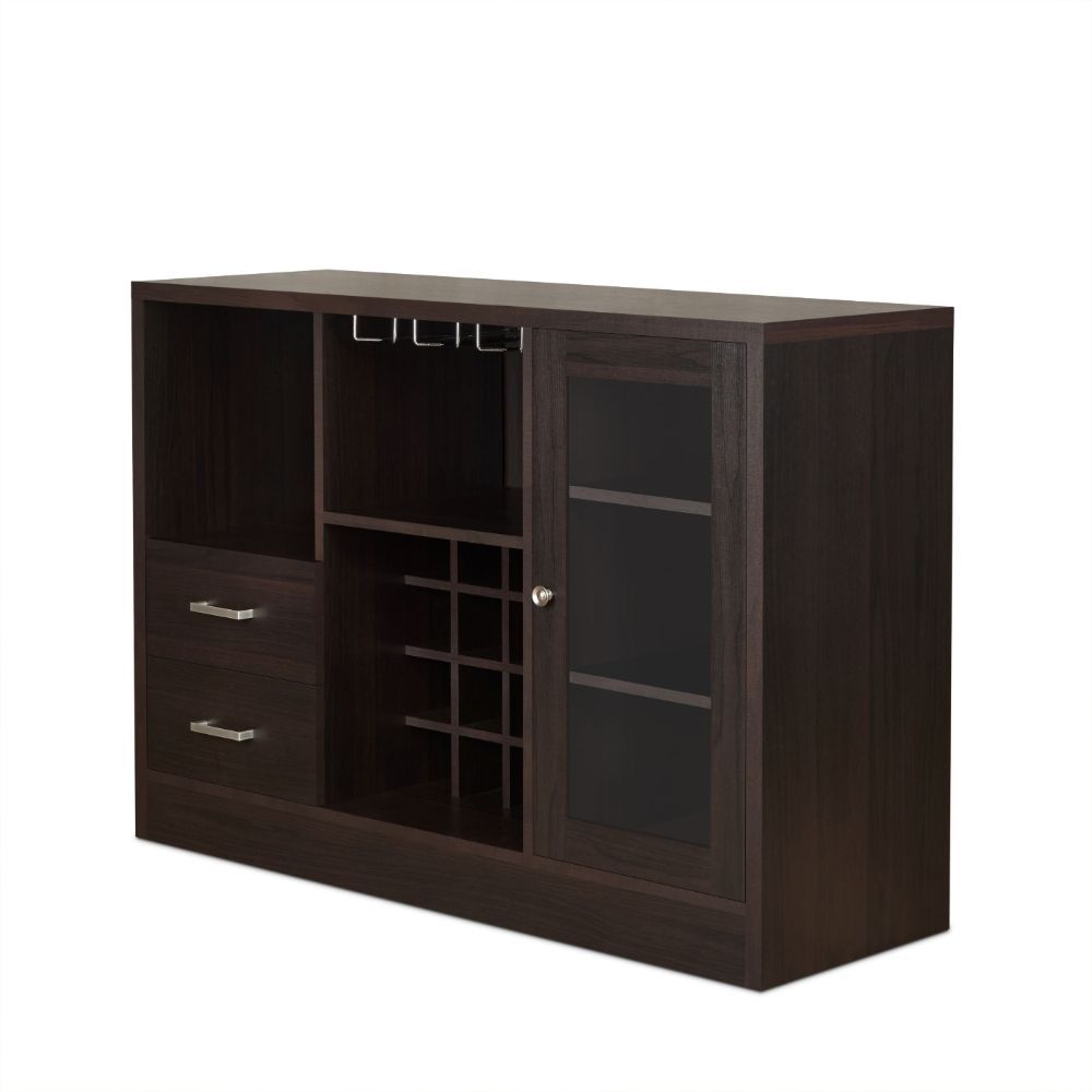 Store your beloved wines with this classic but trendy rectangular Hazen server to have them ready anytime. This server has 1 front door with 2 shelfs inside , 2 drawers, 2 open compartments, wine rack and steam ware glass rack, providing plenty storage sp