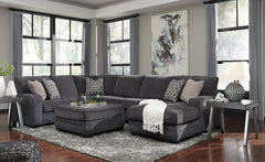 Talk about easy street. This effortlessly chic sectional set puts you at the intersection of cool and comfortable. Ultra-deep seats are custom made for afternoon naps and movie night marathons. So plush to the touch, the sectionalâ€™s slate gray upholster