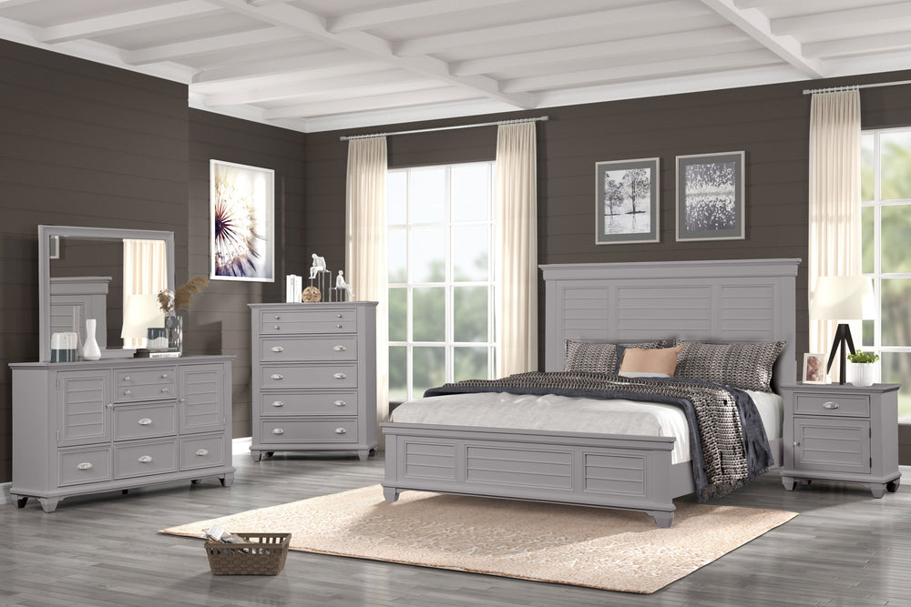 The Jamestown 5-Piece Wood Bedroom Set in Gray combines durability, style, and functionality to create a serene and elegant bedroom retreat. This set includes a Panel Bed, Dresser, Mirror, Nightstand, and Chest of Drawers, each expertly crafted from solid