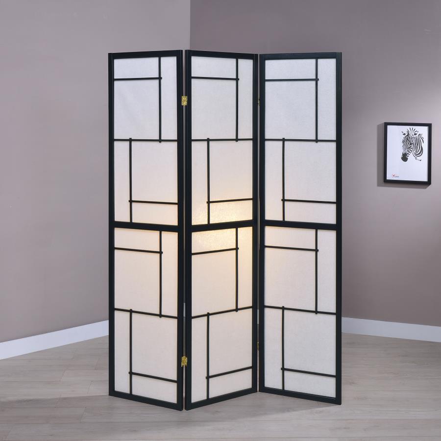 Infuse modern style in a contemporary room. With just a hint of mid-century styling, this three-panel folding screen offers a standout effect. Contrasting white and black lines form a geometric pattern in each panel. A black frame offers a delightful cont