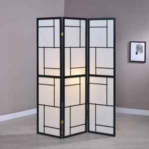  this three-panel folding screen offers a standout effect. Contrasting white and black lines form a geometric pattern in each panel. A black frame offers a delightful cont