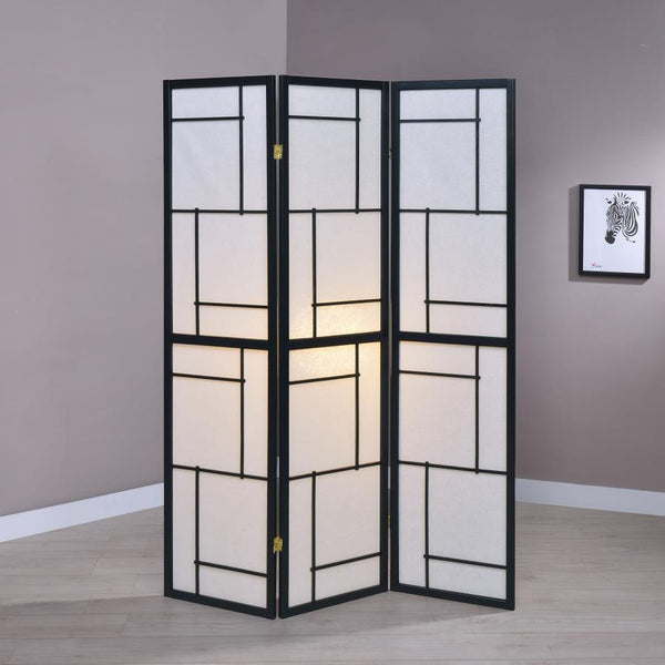  this three-panel folding screen offers a standout effect. Contrasting white and black lines form a geometric pattern in each panel. A black frame offers a delightful cont