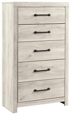 What a delightful take on rustic industrial style. Whether modern loft or modern farmhouse, this chest makes itself at home. The wispy whitewash palette enhances without covering the grain for that weathered look you crave. Elongated drawer pulls elevate 