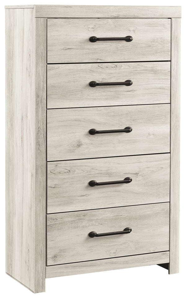 What a delightful take on rustic industrial style. Whether modern loft or modern farmhouse, this chest makes itself at home. The wispy whitewash palette enhances without covering the grain for that weathered look you crave. Elongated drawer pulls elevate 
