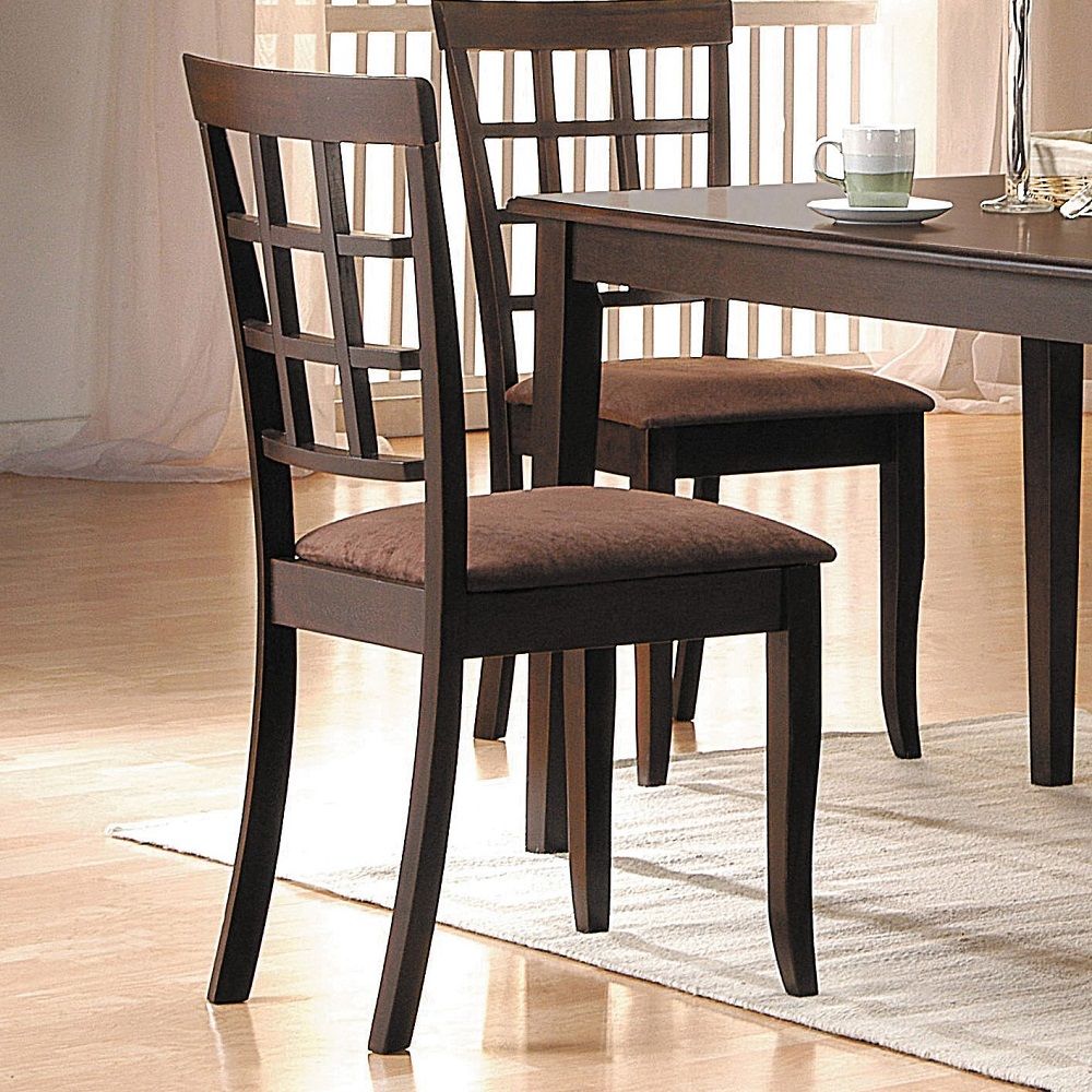 The Cardiff Side chairs are a lovely addition to your dining room, these espresso 2 side chairs have sleek square tapered legs and high back with an open grid pattern for a distinctive style. A padded seat covered in soft dark brown microfiber adds to the