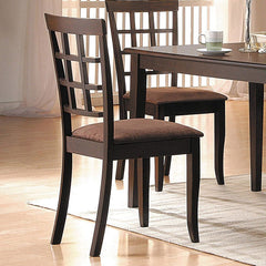 The Cardiff Side chairs are a lovely addition to your dining room, these espresso 2 side chairs have sleek square tapered legs and high back with an open grid pattern for a distinctive style. A padded seat covered in soft dark brown microfiber adds to the