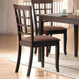 The Cardiff Side chairs are a lovely addition to your dining room, these espresso 2 side chairs have sleek square tapered legs and high back with an open grid pattern for a distinctive style. A padded seat covered in soft dark brown microfiber adds to the