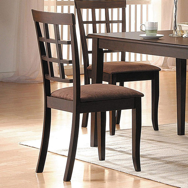 The Cardiff Side chairs are a lovely addition to your dining room, these espresso 2 side chairs have sleek square tapered legs and high back with an open grid pattern for a distinctive style. A padded seat covered in soft dark brown microfiber adds to the