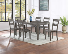 This dining set epitomizes modern elegance with its streamlined design and sophisticated gray finish. The ensemble features a spacious rectangular table that serves as the perfect stage for any culinary delight, complemented by slender, high-back chairs t