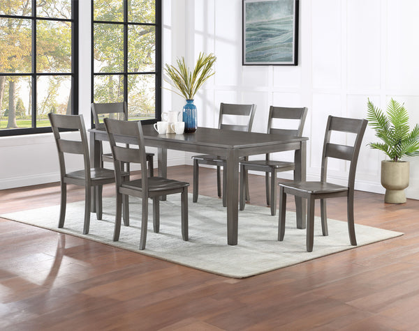 This dining set epitomizes modern elegance with its streamlined design and sophisticated gray finish. The ensemble features a spacious rectangular table that serves as the perfect stage for any culinary delight, complemented by slender, high-back chairs t