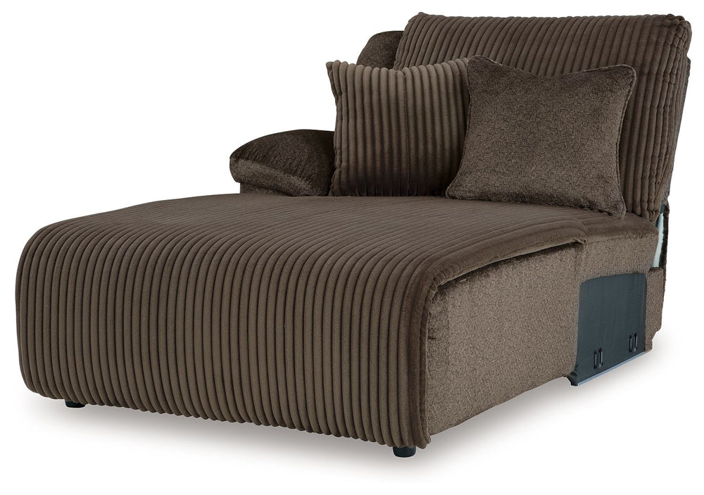 This left-arm facing press back chaise is made with polyester upholstery. Pairs with other items in the series to make a sectional.<br><br><b>Additional Dimensions</b><br><ul><li>Leg height: 2.25-"</li><li>Minimum width of doorway for delivery: 36-"</li><