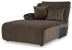 This left-arm facing press back chaise is made with polyester upholstery. Pairs with other items in the series to make a sectional.<br><br><b>Additional Dimensions</b><br><ul><li>Leg height: 2.25-"</li><li>Minimum width of doorway for delivery: 36-"</li><