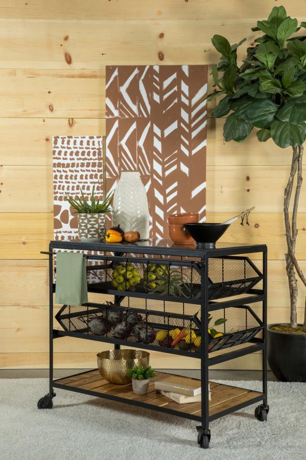 Combining industrial style with practical functionality, this versatile storage cart features three spacious shelves for effortless organization. The natural-finish mango wood shelves contrast beautifully against the black mesh metal frame, creating an ur