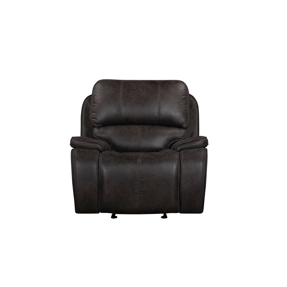 Unwind in style with the Brookings Glider Recliner in charcoal gray. Upholstered in a leather-look polyester/pu fabric, this recliner offers the rich appearance of real leather at a fraction of the cost. Tailored to perfection with pillowed arms and doubl