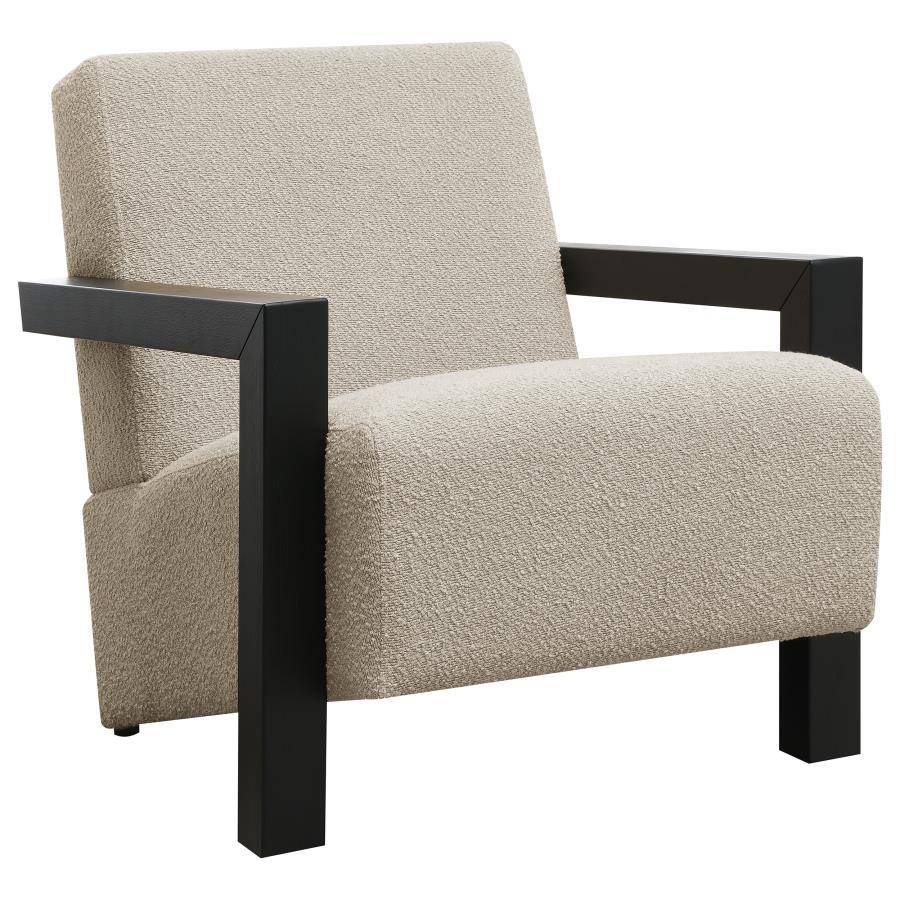 Exposed wood armrests add a sense of precision and structure to a modern accent armchair. It-'s a fresh, refined look with a neutral palette and minimalist allure. A slightly reclined seat and back create an inviting silhouette for the chair, which blends