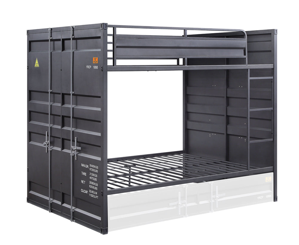 The Cargo bunk bed and trundle is the perfect addition to any childâ€™s room. This contemporary container themed metal bunk bed is crafted with an industrial look that is an ideal addition to your bedroom. The bed is accented with recessed panel design an