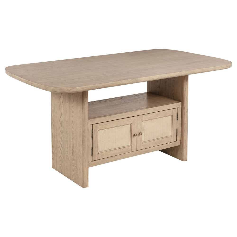 Elevate your dining experience with this stylish counter-height dining table, designed to blend natural beauty with practical storage solutions. Crafted from solid wood, engineered wood, and oak veneer, this table showcases a warm wood grain finish and a 