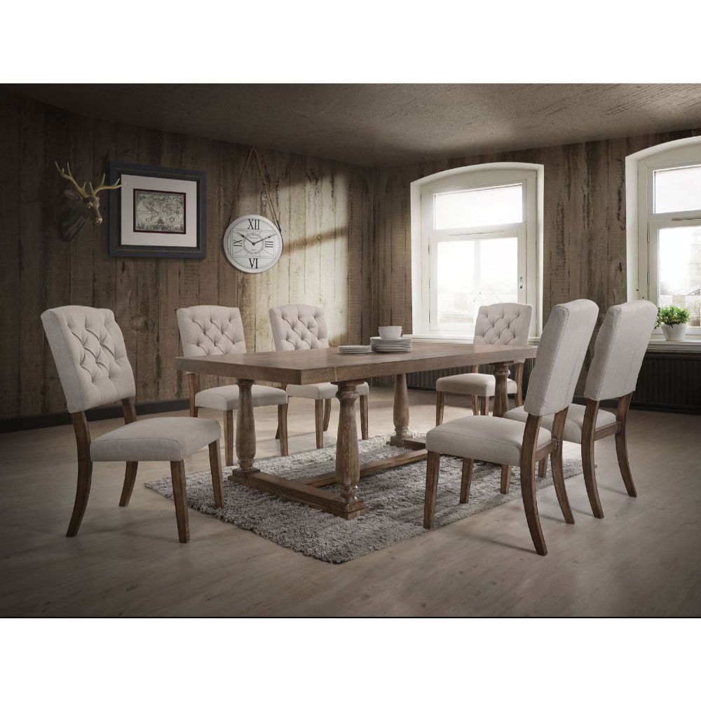 Displaying breathtaking elegance in everyday dining with our richly crafted Bernard Collection, the rectangular table features a classic trestle base with turned legs and double molded edges all in a weathered oak finish. Matching dining chairs offer butt
