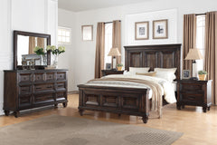 The Sevilla 5-Piece Bedroom Set in walnut is a beautifully crafted ensemble that combines timeless elegance with modern convenience. This set includes a wood panel bed, dresser, mirror, and two nightstands, all meticulously crafted from solid Acacia wood 