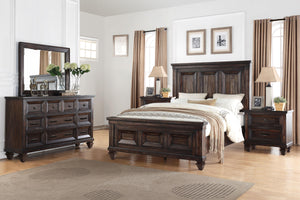 The Sevilla 5-Piece Bedroom Set in walnut is a beautifully crafted ensemble that combines timeless elegance with modern convenience. This set includes a wood panel bed, dresser, mirror, and two nightstands, all meticulously crafted from solid Acacia wood 