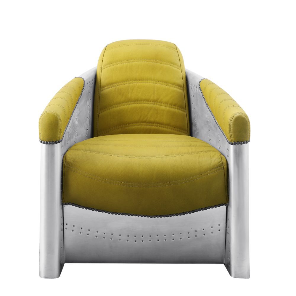 Industrial style gets a radical upgrade in the Brancaster lounge chair in yellow top grain leather. Wrapped in a patchwork aluminum frame with rivet details for that classic Brancaster style, this lounge chair offers innovative comfort with a modified bar