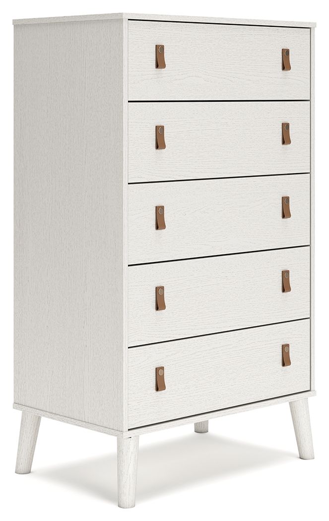 Dare to take minimalism to the max. This chest of drawers has an air of sleek simplicity thanks to its white painted finish with subtle replicated wood grain. Magnificently mod splay legs are a compelling complement to the streamlined design. And with two