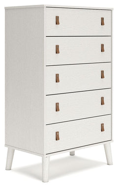 Dare to take minimalism to the max. This chest of drawers has an air of sleek simplicity thanks to its white painted finish with subtle replicated wood grain. Magnificently mod splay legs are a compelling complement to the streamlined design. And with two