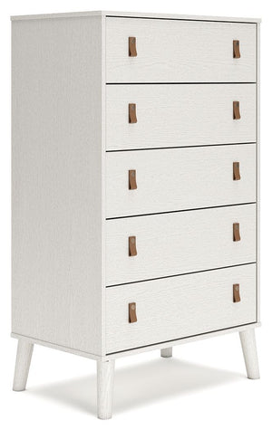 Dare to take minimalism to the max. This chest of drawers has an air of sleek simplicity thanks to its white painted finish with subtle replicated wood grain. Magnificently mod splay legs are a compelling complement to the streamlined design. And with two