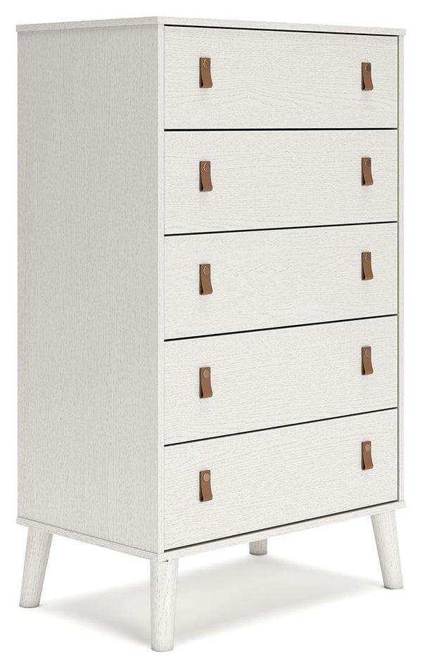 Dare to take minimalism to the max. This chest of drawers has an air of sleek simplicity thanks to its white painted finish with subtle replicated wood grain. Magnificently mod splay legs are a compelling complement to the streamlined design. And with two